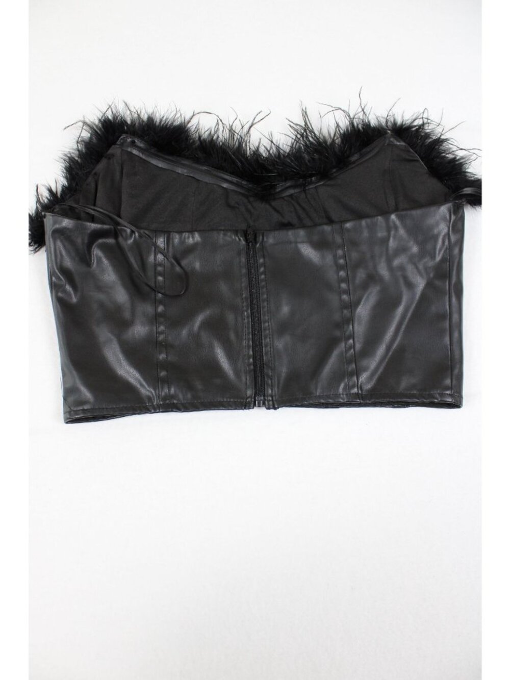 Black Faux Leather Feather Trim Strapless Corset Top Size M - Picture 2 of 3